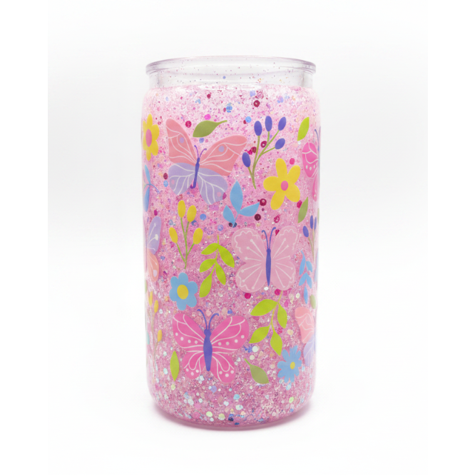 Butterfly Floral Glitter Tumbler on White Background