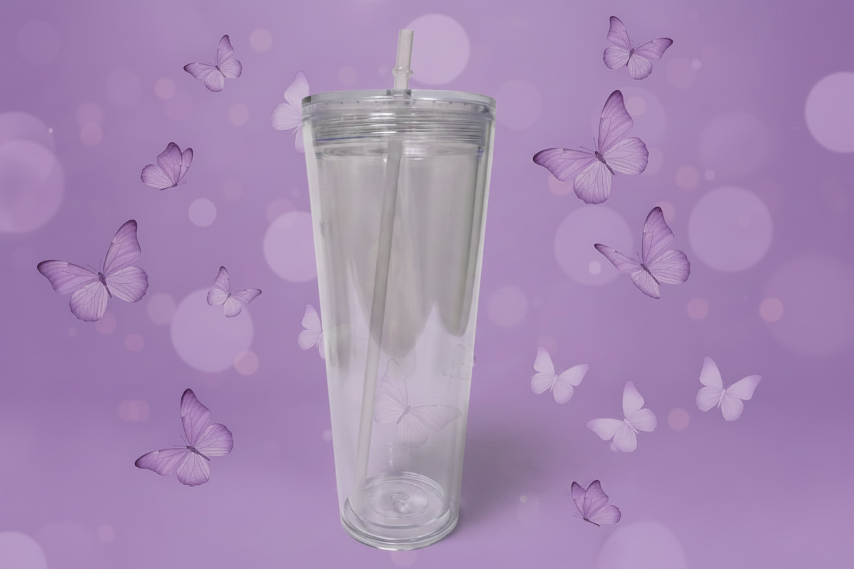 Clear Tumbler on Lavender Butterfly Background
