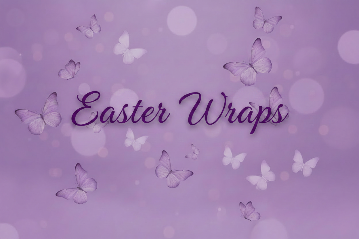 Easter Wraps Purple Text on Lavender Butterfly Background