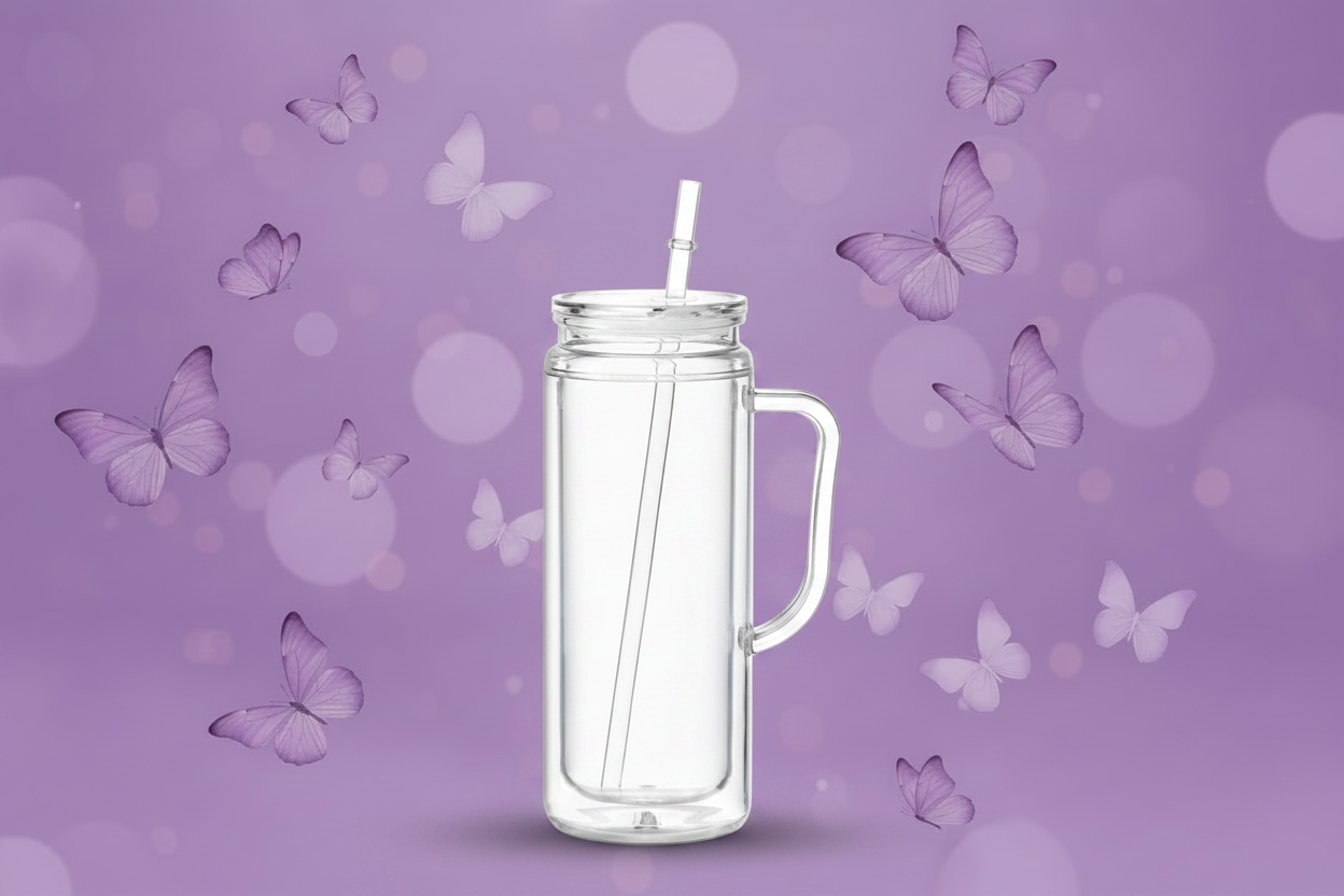Single Clear Snow Globe Tumbler with Handle on Lavender Butterfly Background